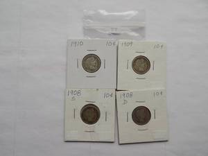 1910, 1909, 1908-S, 1908-D  Barber dime
