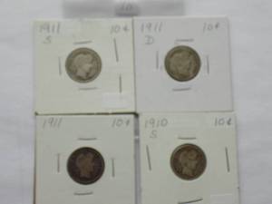 1910-S,1911-S, 1911-D, 1911, Barber Dimes