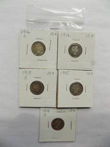 1914-S, 1915-S, 1915, 1916-S, 1916 Barber Dimes