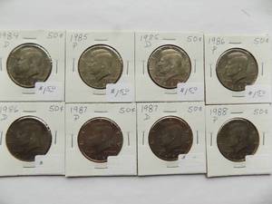 Kennedy Half Dollar 1984-D,1985-D,1986-D,1987-D,1984-P, 1985-P,1986-P, 1987-P,1988-P