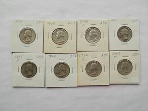1939, 1940, 1940-S,1941,1941-D, 1942, 1942-S, 1943-D WASHINGTON QUARTERS