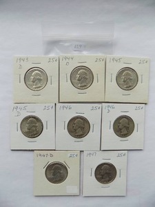 WASHINGTON QUARTERS 1943-D, 1944-D, 1945,1945-D, 1946, 1946-D,1947-D, 1947