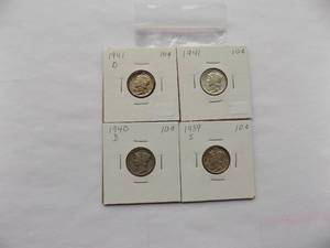 1941-D, 1941, 1940-D, 1939-S Mercury dime