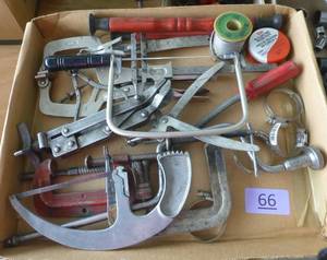 lot 66 image: Box of tools, clamps, solder wire, saws