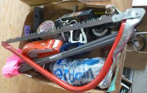 lot 73 image: Box of hitches, flags, bow saw