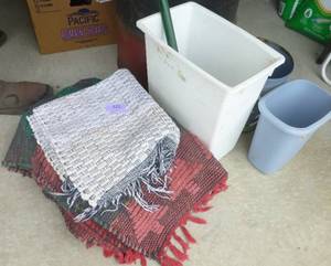 lot 122 image: group of woven rag rugs and 3 waste baskets