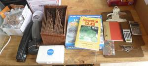 lot 126 image: Group of office supplies, box of drawer pulls, dryer link vacuum attachment
