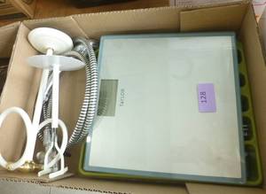 lot 128 image: Silverware, Scale, shower wand, kitchen knives, towel holder