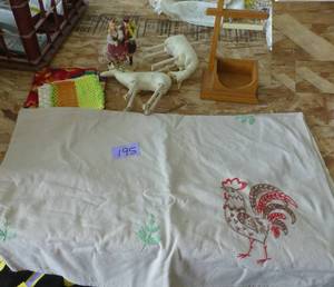 lot 195 image: Hand embroidered rooster table cloth, some llamas, biz card holder, a dancing polish couple