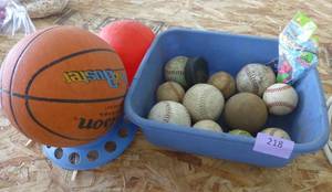 lot 218 image: Bin of baseballs and softballs with a basketball to boot