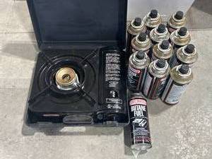 lot 20 image: Butane Stove with 12 Cans of Fuel