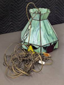 lot 20 image: Vintage Stained Glass Hanging Lamp with Fruit Motif