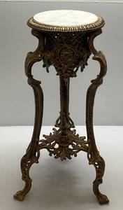 lot 4 image: Ornate Heavy Cast Metal Marble Top Table 27 12 T x 15 W
