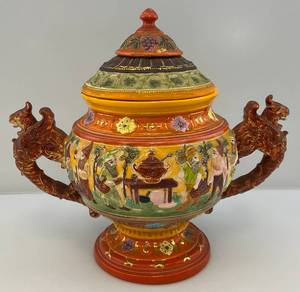 lot 7 image: RARE Vintage American Made Majolica Style Pottery Hand Painted Tureen, Soup Server With Dwarves & Griffins Whimsical 13T x 15 L x 10 W