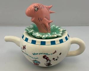 lot 35 image: 2001 Hallmark Dr. Seuss Collection THE FISH IN THE POT Teapot Porcelain Figurine (Chip On Fin Present)