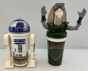lot 106 image: 1999 STAR WARS R2D2 & Captain Tarpals Taco Bell, KFC, Pizza Hut Collectors Cups