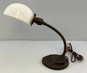 lot 195 image: Vintage Metal Base Goose-Neck Lamp With Milk Glass Shade