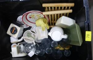 lot 78 image: tote full of kitchen items, glasses, grinder, measuring cups, scale, spoon rest, bowls, dish rack, salt and pepper, carafe, knives, bag clips, wine openers