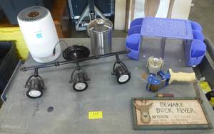 lot 137 image: Misc lot of lights, air purifier, desk organizer, container, taper, wall dcor