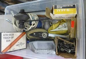 lot 175 image: container of misc garage items, weird combo, head demagnetizer, spray paint touch up, Stanley socket set, straps, rivets,