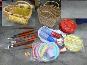 lot 179 image: Picnic and grilling supplies, reusable plastic plates and silverware as well as disposable