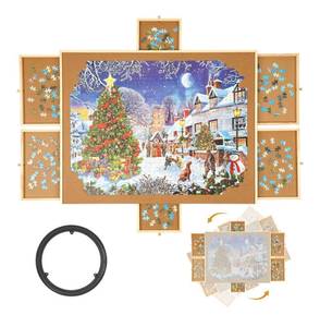 lot 25 image: New 1500 Pieces Rotating Puzzle Table Board with 6 Drawers and Cover, Retail $99.99 B