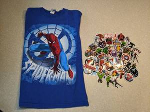 lot 403 image: 50 Brand New Marvel Avengers Stickers and Spiderman T-Shirt Boys Size Medium P