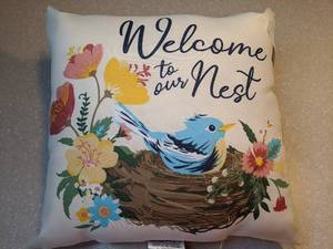 lot 414 image: New Welcome To Our Nest Decorative Square Throw Pillow Birds Flowers 16 x 16 P