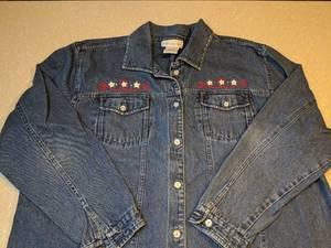 lot 440 image: Susan Graver Womens Blue Jean Jacket Stars Stripes Flag Red White Blue Size Large P
