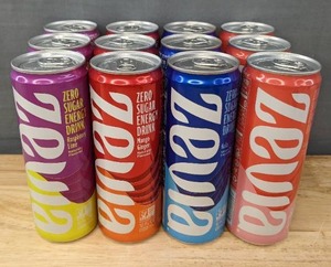 lot 28E image: Brand New Case of 12 ZEVIA Energy Drinks 12 oz Variety Pack $27.99 Retail N