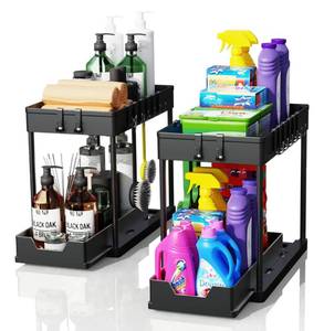 lot 41 image: New 2 Pack Under Sink Organizers and Storage, 2-Tier Sliding Cabinet Basket Organizer with Hooks B