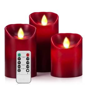 lot 129 image: Brand New Flameless LED 456-Inch Drip-Less Wax Pillar Candles (Burgundy) B