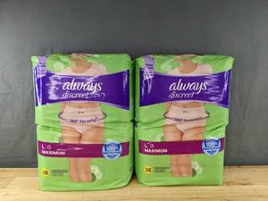 lot 38 image: Brand New Always Discreet, Incontinence & Postpartum Underwear for Women, Maximum, Large, 38 Count (2 Packages) B