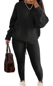 lot 182 image: Brand New Flamingals Womens Solid Chunky Knit Drop Shoulder Sweater & Drawstring Pants Set Size XXL Black $46.99 Retail B