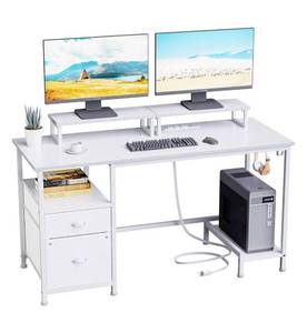 lot 198 image: New Furologee White Computer Desk with Drawer and Power Outlets, 47W $89.99 Retail B