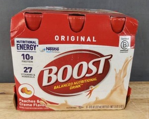 lot 74J image: New Boost Original Balanced Nutritional Drink, Nutritional Energy with Protein, Vitamins & Minerals Peaches & Creme 8 Fl. Oz (Pack of 6) Best by 72025 $27.99 Retail N