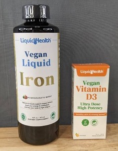 lot 61K image: Brand New LIQUIDHEALTH Vegan Liquid Iron Dietary Supplement Pomegranate Berry 16 Fl. Oz Best by 122025 and Vegan Liquid Vitamin D3 Dietary Supplement Drops Orange 1 Fl. Oz Best by 92025 $39.00 Retail N