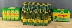 lot 90J image: Topo Chico 23 Mineral Water Carbonated Bottles and 16 Lime with Mint Extract Flavored Sparkling Water Cans N