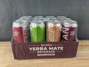 lot 67H image: Brand New Case of 12 Yerba Mate Clean Sparkling Beverages Raspberry Lime Blackberry Peach N