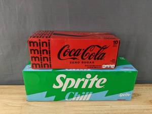 lot 76J image: Brand New Case of 10 Coca Cola Mini 7.5oz Cans and 12 Sprite Chill Cherry Lime 12oz Cans N