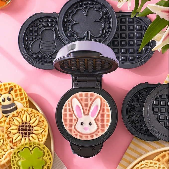 lot 139 image: DASH Mini Waffle Maker with 7 Removable Spring Themed Plates - Bunny Clover Heart with Storage Container Non-Stick Coating-  Purple
