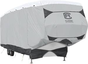 lot 99 image: NEW Classic Accessories Over Drive SkyShield Deluxe Water-Repellent 5th Wheel Trailer Cover, Fits 29 - 33L x 135H, Model 4T, Universal Camper Cover, BlackGreySnow White