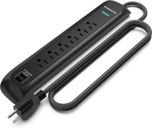 lot 744 image: Monster 6ft Heavy Duty Black Power Strip and Tower Surge Protector, 1200 Joule Rating, 6 120V-Outlets, and 2 USB-A Ports