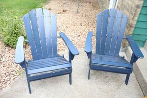 lot 30 image: Hampton Bay Adirondack Blue Wooden Fire Pit Lawn Chairs...