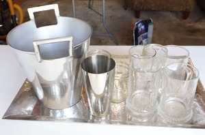 lot 59 image: Entertaining Bar Accessories Beer Mugs, Serving Tray, Ice Bucket Etc