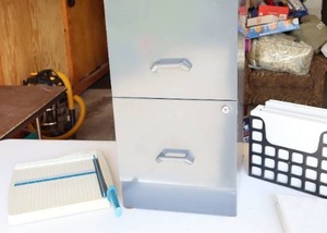 lot 61 image: Two-Drawer File Cabinet No Key, Paper Cutter Etc