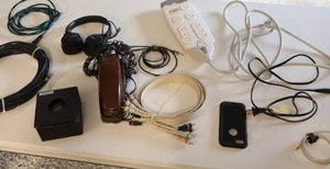 lot 92 image: AMD Cooler Fan-Brown Vintage Phone-Moan Headphones-Charger Cord-Cell Phone Cover-Belkin Surge Master Surge Protector