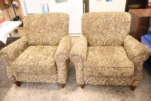 lot 15 image: (2) Alan White Paisley Tan Upholstered Living Room Arm Chairs...