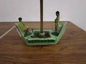 lot 44 image: Vintage Table Lamp with Ceramic Figurines and Woven Shade