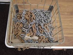 lot 52 image: Lot of Metal Chains with Hook in Wire Basket